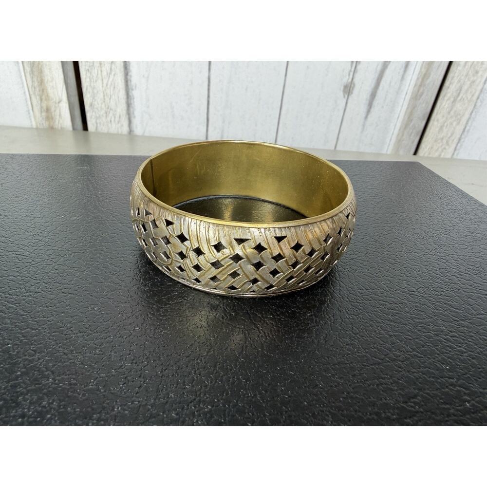 Vintage Brass Wide Diamond Cut Out Design Bangle Bracelet Boho Hippie